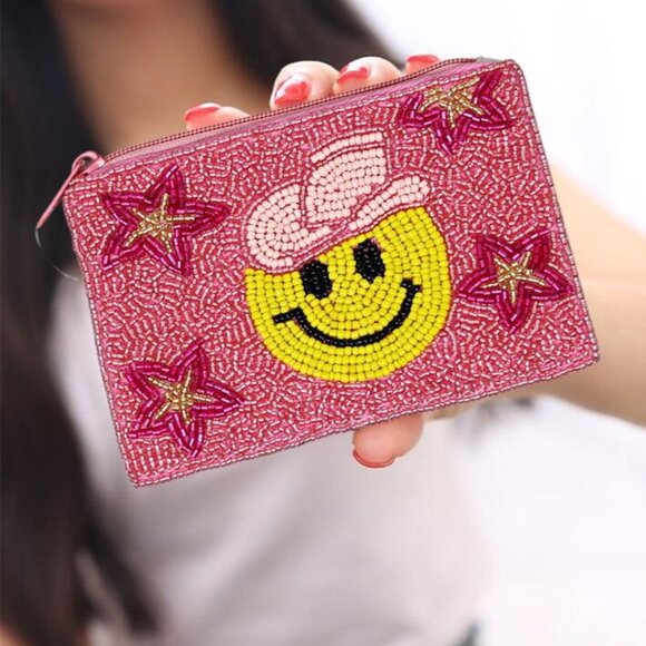 Boho Grow Studio Handbags - Pink Stars Smiley Face Emoji Cowboy Hat Beaded Zippered Storage Pouch NEW